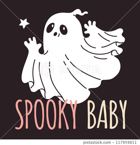 Vector illustration of a Halloween poster with a cute ghost on a black background. 117959811