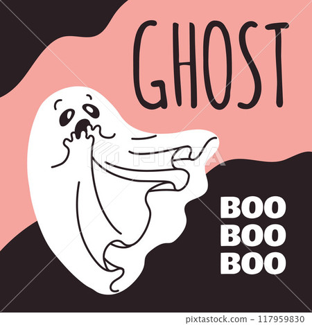 Vector illustration of a poster featuring a ghost with a scared expression on his face. Vector illustration of a poster featuring a ghost with a scared expression on his face. 117959830