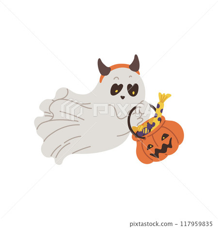 Cute spooky white ghost holding pumpkin head basket with candies treats, vector cartoon Halloween flying specter Cute spooky white ghost holding pumpkin head basket with candies treats, vector cartoon Halloween flying specter 117959835