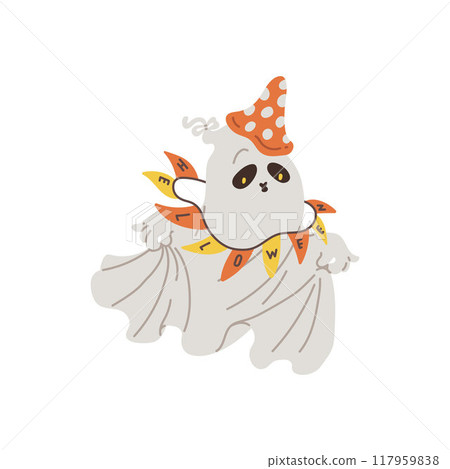 Illustration of a ghost in a fly agaric hat and a garland of flags with the inscription "Halloween". 117959838