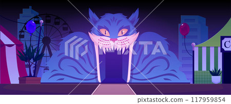 A creepy entrance to a house located in the mouth of a cat at a carnival fair. 117959854