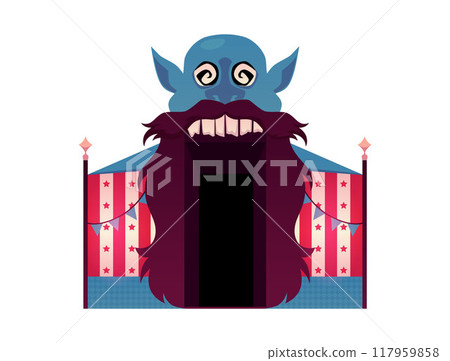 Illustration of a horror house entrance in the form of an open mouth of a blue goblin with a beard. Illustration of a horror house entrance in the form of an open mouth of a blue goblin with a beard. 117959858