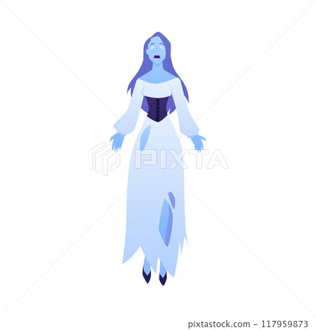 Illustration of a screaming ghost woman in an old torn dress floating in the air. 117959873