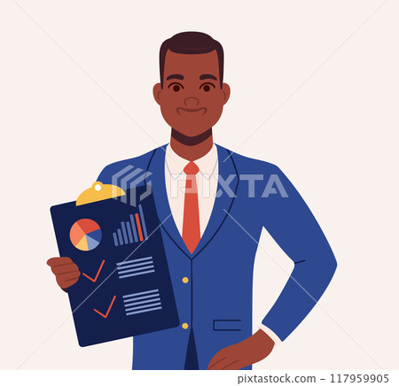 A handsome black guy wearing blue jacket holding his clipboard with paper where he wrote his 117959905