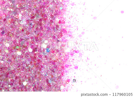 Close Up of Color Pink Shiny Confetti Glitter On White Background Close Up of Color Pink Shiny Confetti Glitter On White Background 117960105