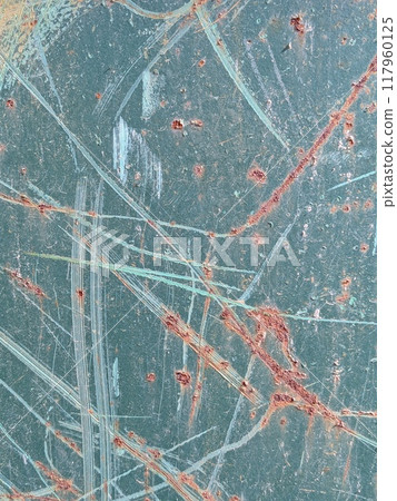 Rusted and Scratched Painted Metal Background in a Rust and Blue Green Color Rusted and Scratched Painted Metal Background in a Rust and Blue Green Color 117960125