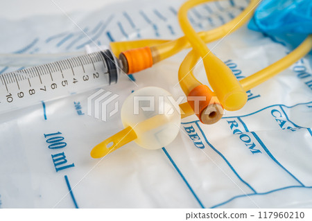 Foley urinary catheter with urine bag for disability or patient in hospital. 117960210