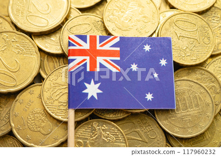 Australia flag on gold coins, finance and banking business. Australia flag on gold coins, finance and banking business. 117960232
