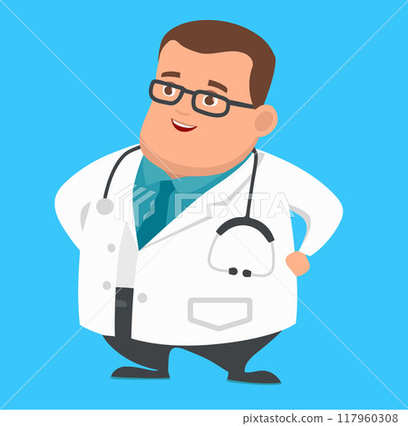 Cartoon Character Cheerful Chubby Men. Doctor. Vector Illustration 117960308