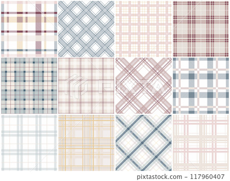 Collection of color textile seamless patterns - geometric striped design. Vector repeatable cloth backgrounds. Delicate tartan plaid fabric prints 117960407