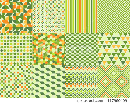 Collection of bright seamless colorful geometric patterns. Abstract unusual modern retro backgrounds. Green mosaic tile endless textures. Eco unusual prints 117960409