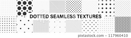Collection of vector geometric seamless minimalistic black and white patterns. Simple dotted and circles textures - repeatable unusual backgrounds. Monochrome design Collection of vector geometric seamless minimalistic black and white patterns. Simple dotted and circles textures - repeatable unusual backgrounds. Monochrome design 117960410