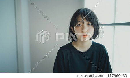 Portrait of a cute Japanese woman with short hair Portrait of a cute Japanese woman with short hair 117960483