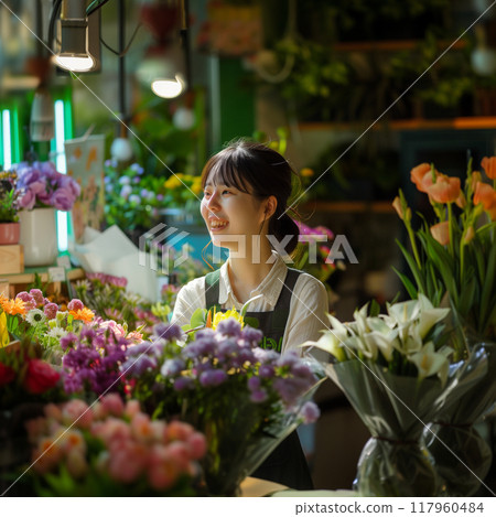 A cute female clerk at a flower shop 117960484