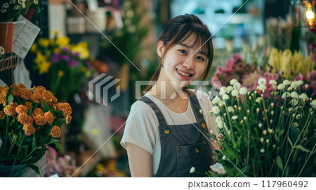 A cute female clerk at a flower shop 117960492
