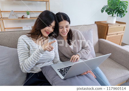 Happy Lesbian Couple Relaxing at Home, Smiling and Using Laptop Together on Cozy Sofa in Modern Living Room Happy Lesbian Couple Relaxing at Home, Smiling and Using Laptop Together on Cozy Sofa in Modern Living Room 117960514