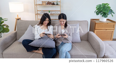 Lesbian couple enjoying digital games together at home Lesbian couple enjoying digital games together at home 117960526