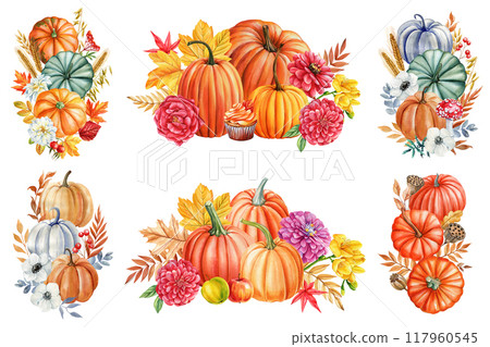 Pumpkin, flowers, leaves isolated white background, watercolor botanical illustration hand drawing autumn poster, card Pumpkin, flowers, leaves isolated white background, watercolor botanical illustration hand drawing autumn poster, card 117960545