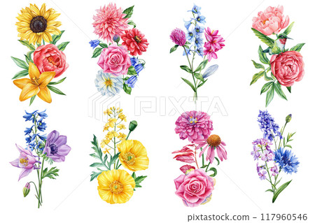 Flowers, branch leaves, buds on white background, watercolor illustration, floral clipart arrangements, wedding design Flowers, branch leaves, buds on white background, watercolor illustration, floral clipart arrangements, wedding design 117960546