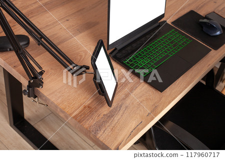 Modern Home Office Desk with Laptop 117960717