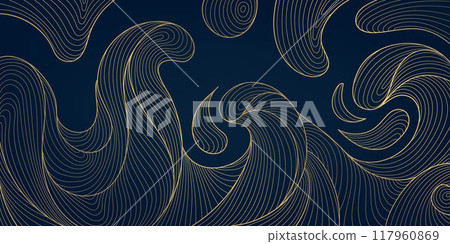 Vector art deco line gold wave background, abstract water texture, Japanese geometric sea illustration. Curve asian banner. 117960869