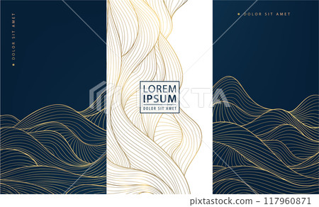 Vector set of art deco luxury wave patterns, gold and black fancy water cards, labels, brochures. Abstract line chocolate, wine package templates 117960871