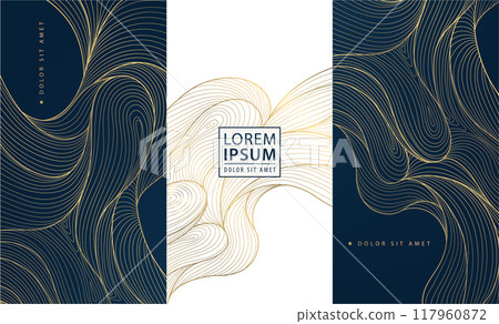 Vector set of art deco luxury wave patterns, gold and black fancy water cards, labels, brochures. Abstract line chocolate, wine package templates 117960872