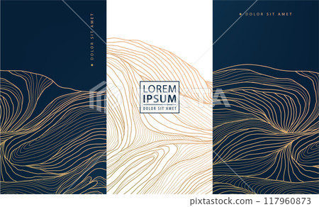 Vector set of art deco luxury wave patterns, gold and black fancy water cards, labels, brochures. Abstract line chocolate, wine package templates 117960873