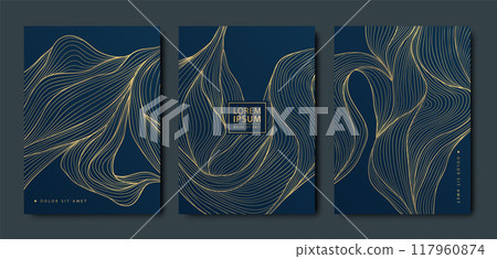 Vector set of luxury gold leaves art, abstract leaf backgrounds, nature modern line cards, covers, illustrations. Vintage flower glitter design. 117960874