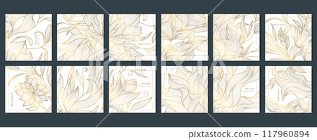 Vector set of floral gold patterns, luxury leaf, flower cards, square line plant vintage ornament 117960894