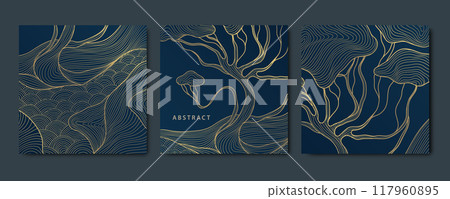 Vector set of asian wave tree landscape illustration, japanese vintage gold, blue labels with nature background, line tradition cards, brochures. Vector set of asian wave tree landscape illustration, japanese vintage gold, blue labels with nature background, line tradition cards, brochures. 117960895