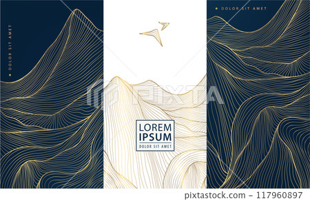 Vector set of line gold mountain art, landscape labels, posters. Scenery and flying birds banners, Japanese style illustrations Vector set of line gold mountain art, landscape labels, posters. Scenery and flying birds banners, Japanese style illustrations 117960897