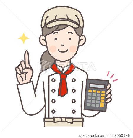 有計算器的麵包店女性工作人員 有計算器的麵包店女性工作人員 117960986