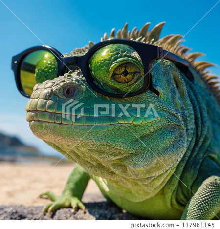 Green iguana wearing glasses Stock Illustration 117961145 PIXTA