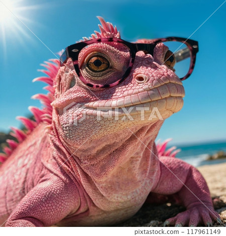 Pink iguana wearing glasses 117961149