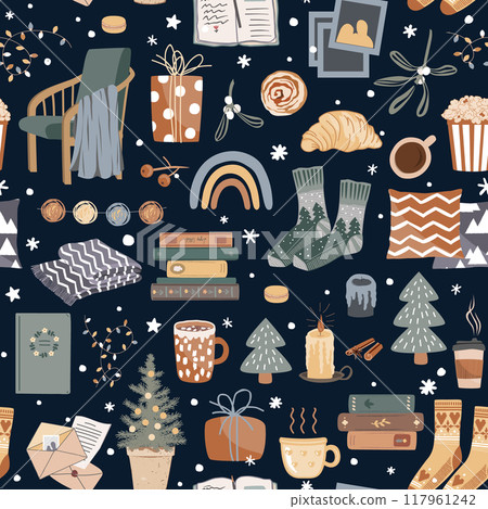 Hygge seamless pattern with cozy winter things - socks, books, sweets, drinks, Christmas decorations, pillows, and chair. Design for greeting cards, gift boxes, wallpaper, wrapping paper 117961242