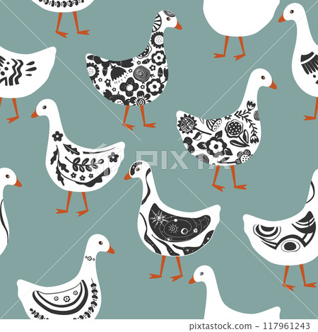 Cute abstract painted cartoon geese seamless pattern. Doodle patterned goose collection. Rustic, nursery, folk, or Scandinavian style. Vector background. 117961243