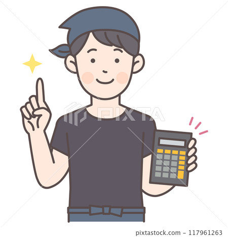 Male restaurant staff holding a calculator 117961263