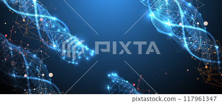 Scientific and technological background. An image of a DNA molecule with a wave of a geometric shape. Hand drawn vector. 117961347