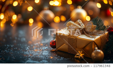 gift box with gold ribbon and Christmas ornament with blur festive light background 117961348
