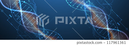 Scientific and technological background. Image of dna molecule with technological elements. Hand drawn vector. 117961361