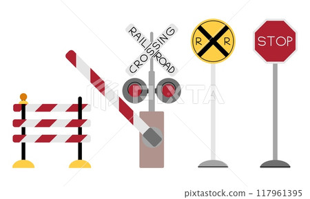 Set of railway signs, lock, barrier on white background. Rails in flat style, icon. Cartoon illustration for book design, children s textbooks, etc 117961395