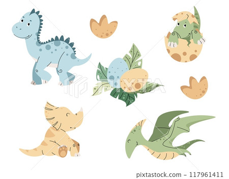 Set of cute cartoon dinosaurs on white background. Collection of children s illustrations of ancient lizards. Children s illustration for design of clothes, wallpapers, greeting cards, etc 117961411