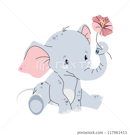 Cute elephant on white background. Cartoon african animal in flat style. Safari collection. Vector children's illustration for clothes, fabric, greeting cards, stickers, etc. Cute elephant on white background. Cartoon african animal in flat style. Safari collection. Vector children's illustration for clothes, fabric, greeting cards, stickers, etc. 117961413
