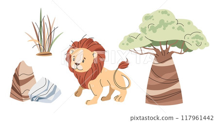 Set of African animals and plants on white background. Illustration of lion, baobab and rocks in flat cartoon style. Safari collection. Vector clipart for clothes, fabric, greeting cards, stickers Set of African animals and plants on white background. Illustration of lion, baobab and rocks in flat cartoon style. Safari collection. Vector clipart for clothes, fabric, greeting cards, stickers 117961442