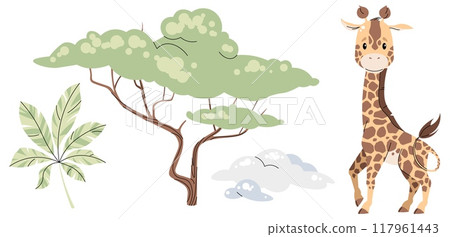 Set of African animals and plants on white background. Illustration of giraffe, acacia in flat cartoon style. Safari collection. Vector clipart for clothes, fabric, greeting cards, stickers, etc. Set of African animals and plants on white background. Illustration of giraffe, acacia in flat cartoon style. Safari collection. Vector clipart for clothes, fabric, greeting cards, stickers, etc. 117961443