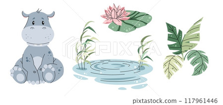Set of African animals and plants on white background. Illustration of hippopotamus and pond in flat cartoon style. Safari collection. Vector clipart for clothes, fabric, greeting cards, stickers Set of African animals and plants on white background. Illustration of hippopotamus and pond in flat cartoon style. Safari collection. Vector clipart for clothes, fabric, greeting cards, stickers 117961446