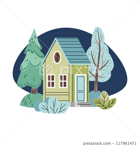 Illustration of cute house with trees on blue background. Country house in scandinavian style. Vector city landscape for children s things and clothes 117961451
