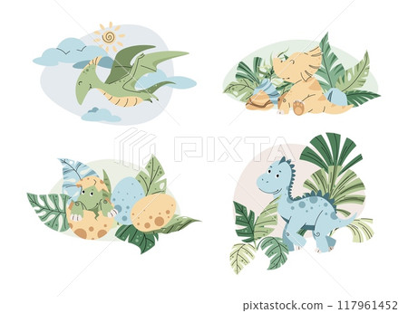 Set of Cute cartoon dinosaurs among tropical plants. Ancient lizard in flat style. Children s illustration of baby dino for design of clothes, wallpaper, greeting cards, etc. 117961452
