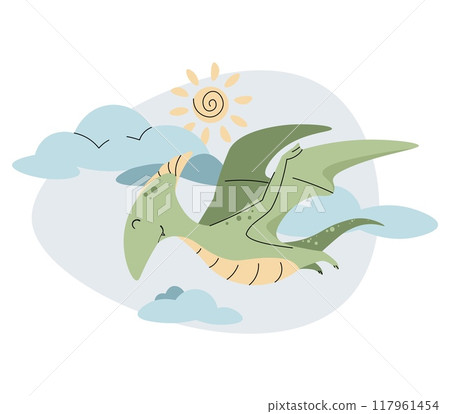 Cute cartoon dinosaur flying among clouds. Ancient flying lizard in flat style. Pterodactyl children s illustration for clothing design, wallpaper, greeting cards, etc 117961454